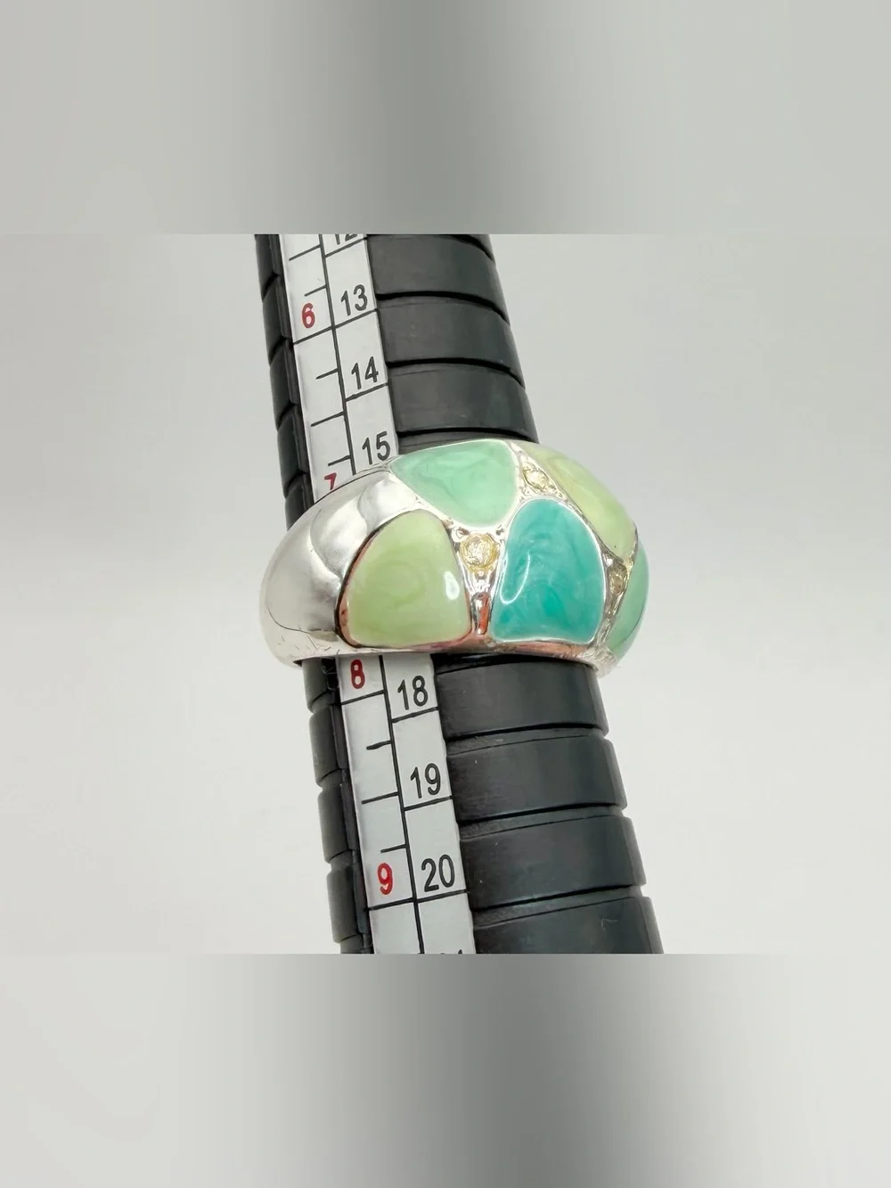 Silver Tone Green Mosaic Enamel Dome Ring